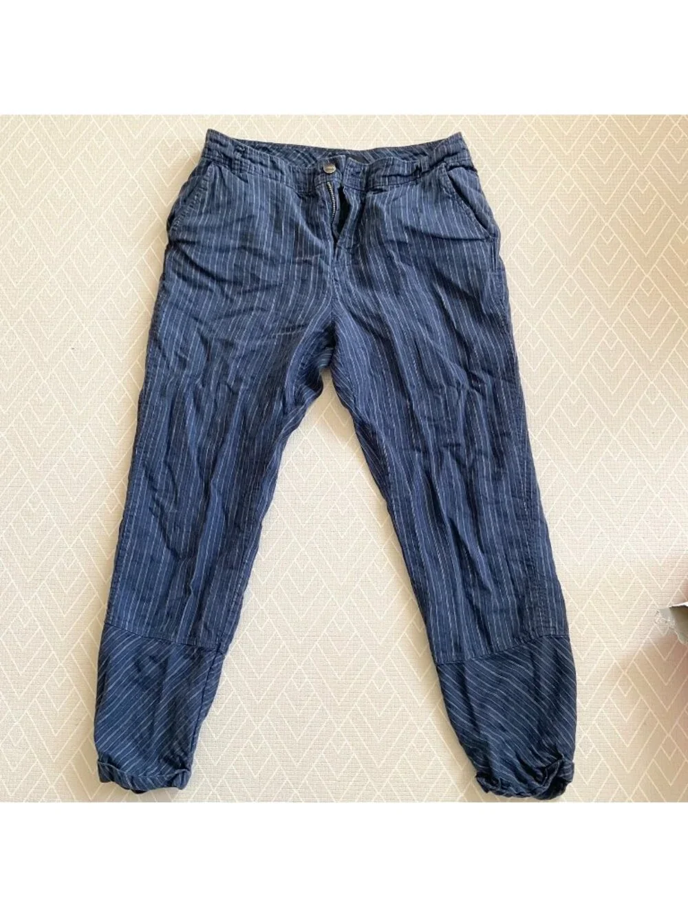 MNG MANGO striped blue linen pants SZ8 Waist 30